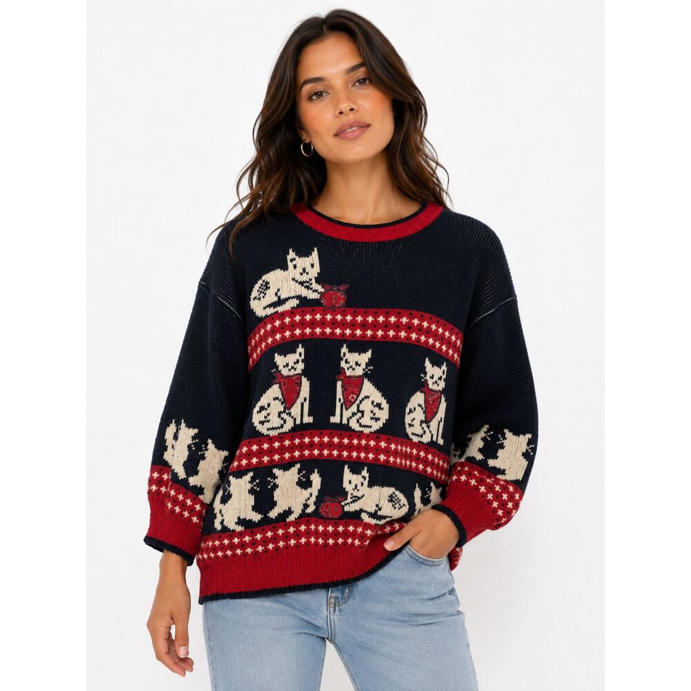 Vintage Navy & Red Cat Lover's Novelty Knit Sweater Cottagecore Grandmacore - Picture 3 of 8